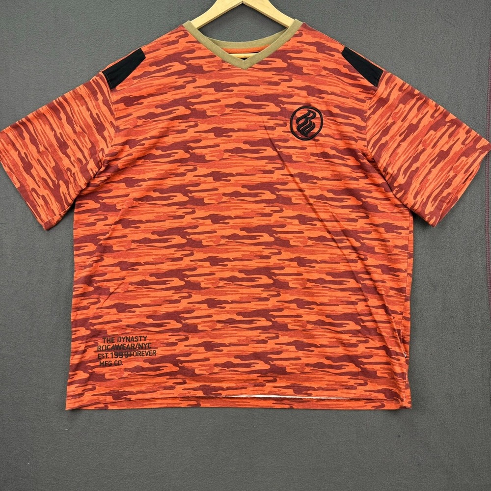 Rocawear Classic Shirt Men's 4XB Orange Camo Short Sleeve Embroidered Hip Hop